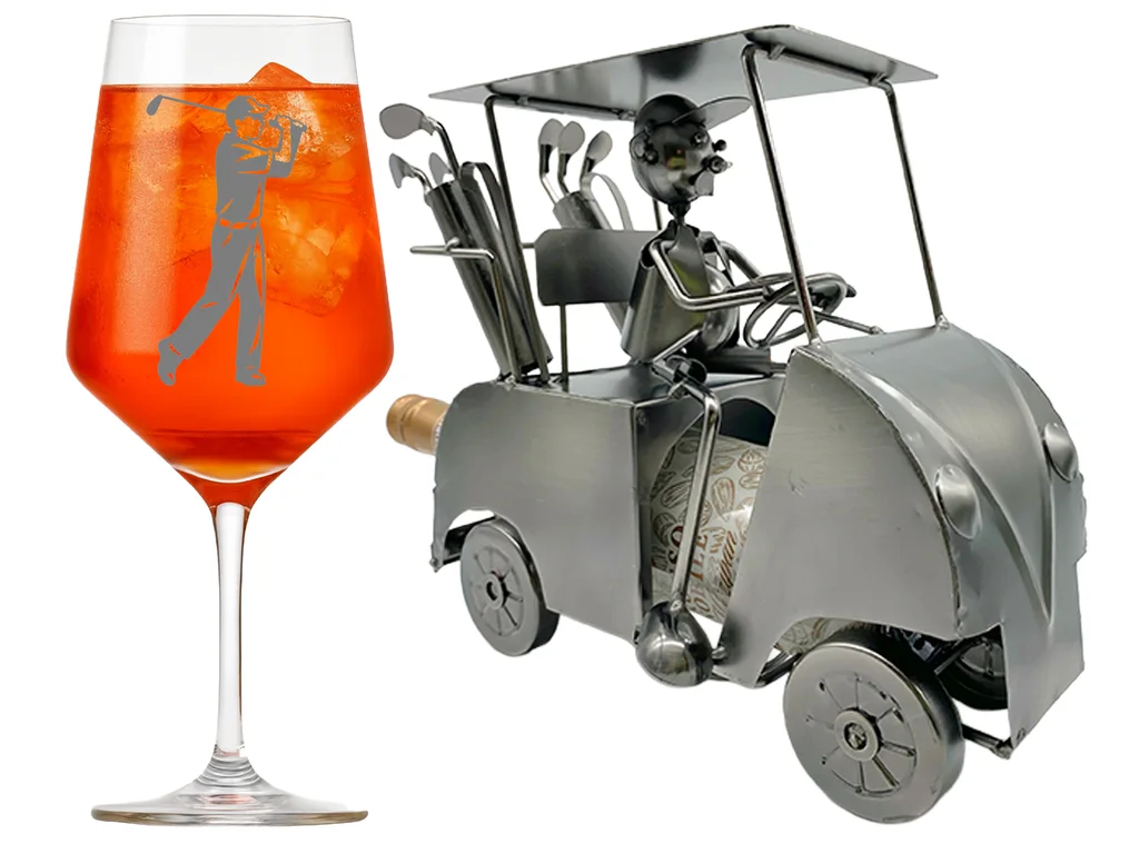Weinglas mit Gravur Golfer Set mit Weinflaschenhalter für Golfliebhaber ideal für Anlässe