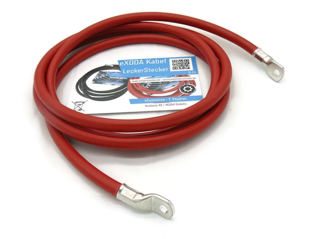 Batteriekabel 50 mm² 2,5m rot mit M8 Kabelschuhen 99 Prozent Kupfer für 134A 12V